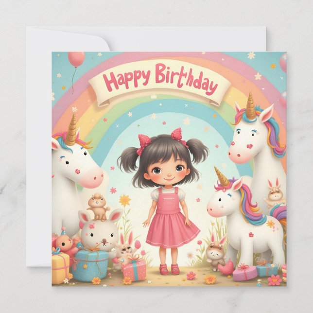 Girl's Birthday with Unicorns & Rainbow (Front)