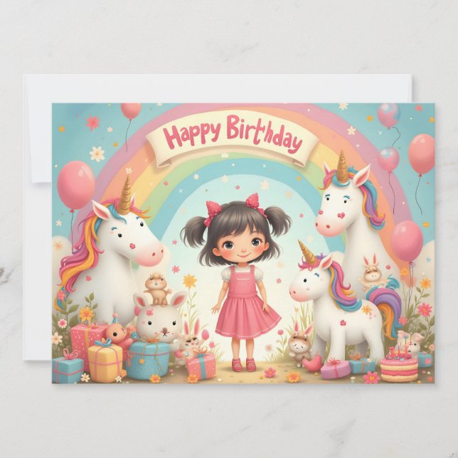 Girl's Birthday with Unicorns & Rainbow (Front)