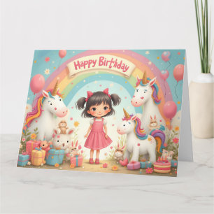 Girl's Birthday with Unicorns & Rainbow Card