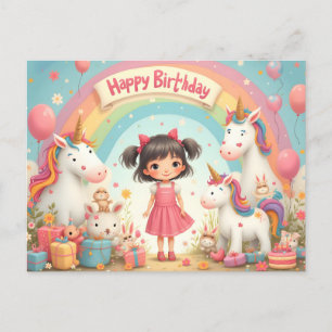 Girl's Birthday with Unicorns & Rainbow Holiday Postcard