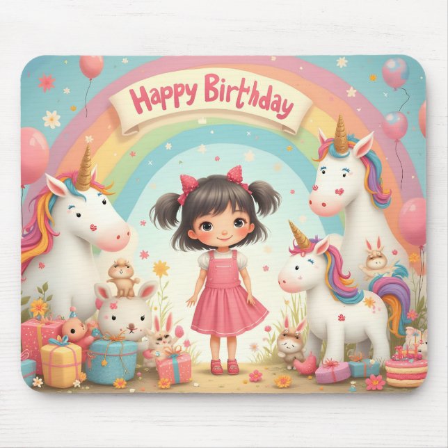 Girl's Birthday with Unicorns & Rainbow Mouse Pad (Front)