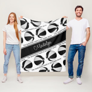 girls black white basketball court my happy place fleece blanket