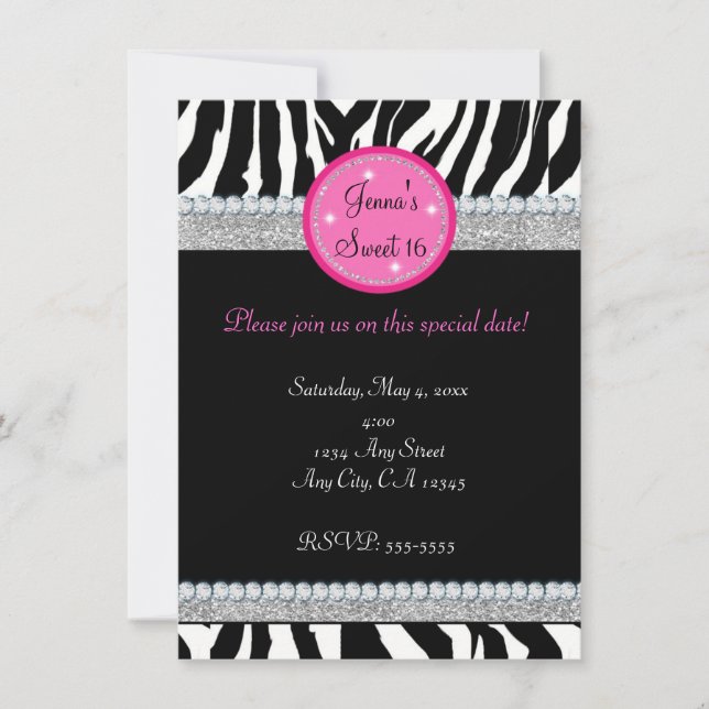 Girls Bling Sparkle Zebra Print Party Invitation (Devant)
