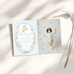 Girls Blue Bow Lemon Birthday Thank You Card