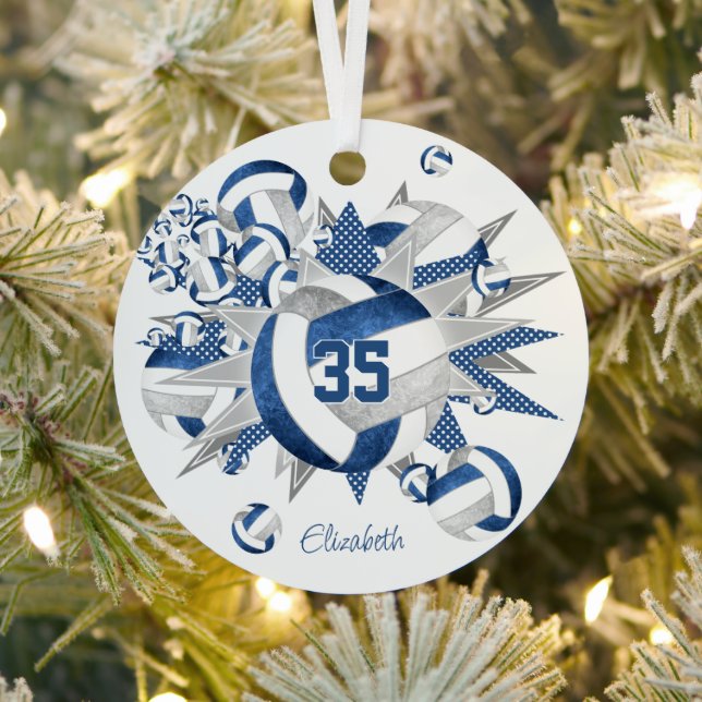 girls blue grey volleyballs stars keepsake metal ornament (Insitu)