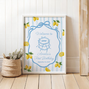 Girls Blue Lemon Amalfi Watercolor 1st Birthday Poster
