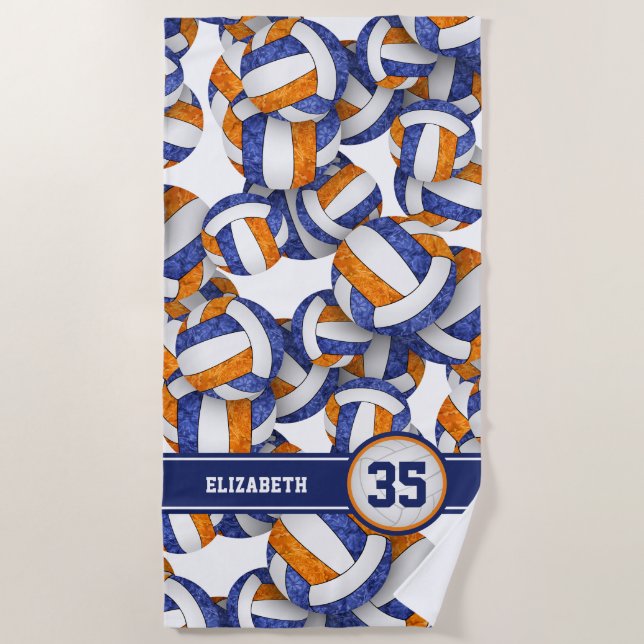 girls blue orange volleyballs pattern personalized beach towel (Front)