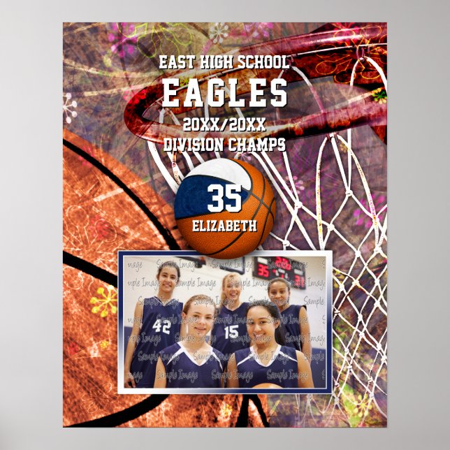 girls blue white team colours photo basketball poster (Front)