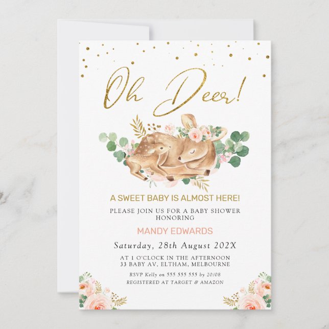 Girls Blush Floral Oh Deer Deer Fawn Baby Shower Invitation (Front)