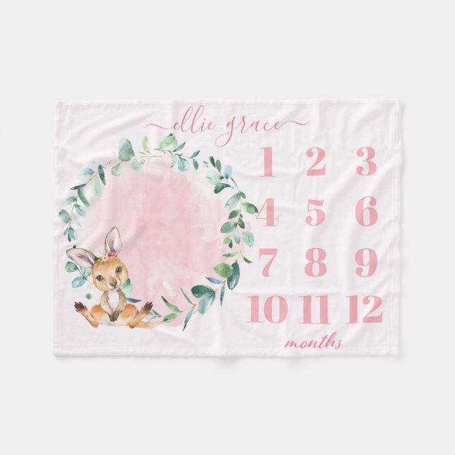 Girls Blush Pink Baby Kangaroo Milestone Blanket (Front (Horizontal))