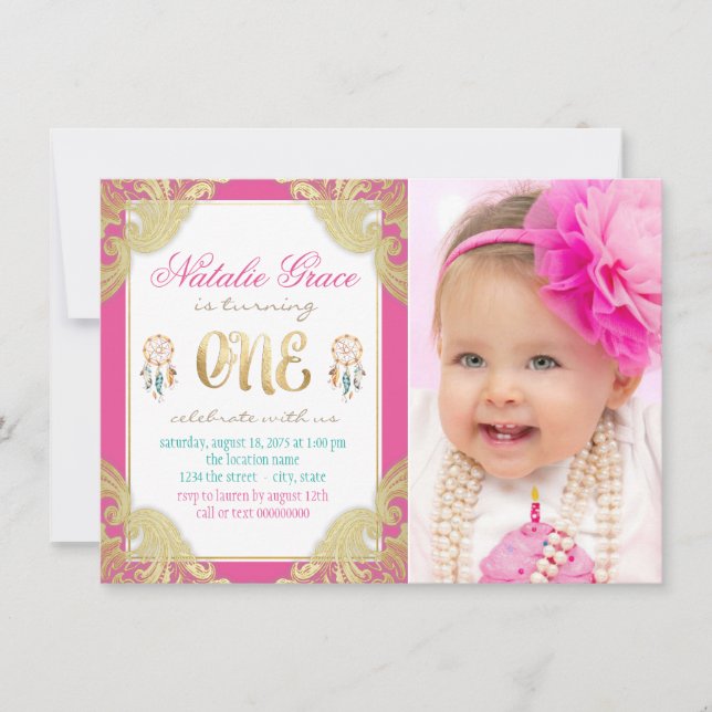 Girls Boho First Birthday Invitation (Front)
