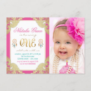 Girls Boho First Birthday Invitation