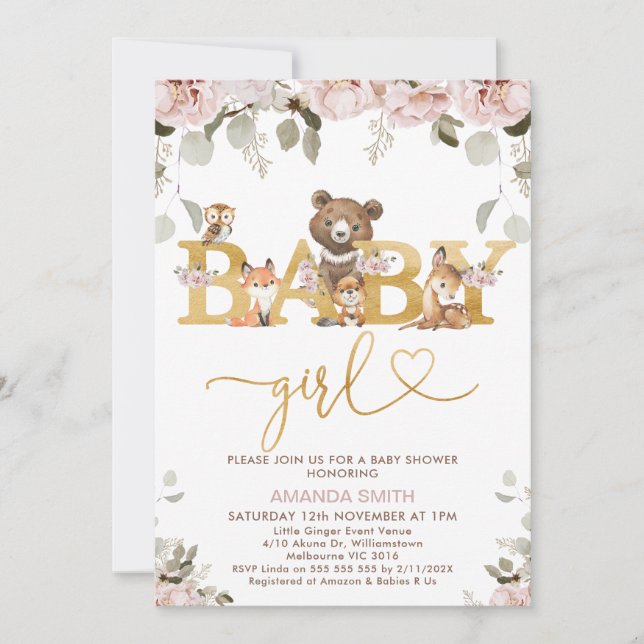 Girls Boho Floral Woodland Baby Shower Invitation (Front)