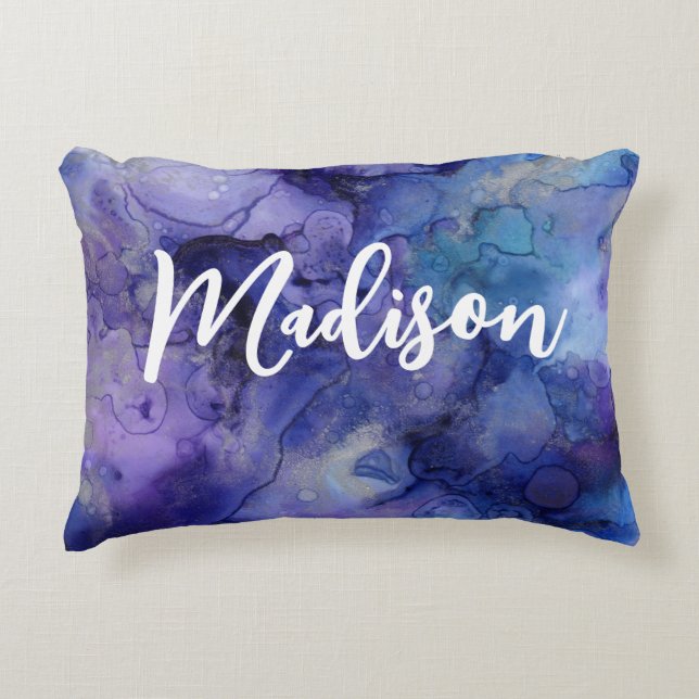 Girls Boho Purple Blue Watercolor Personalized Accent Pillow (Front)
