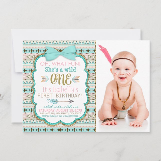 Girls Boho Tribal First 1st Birthday Party Invitation (Front)