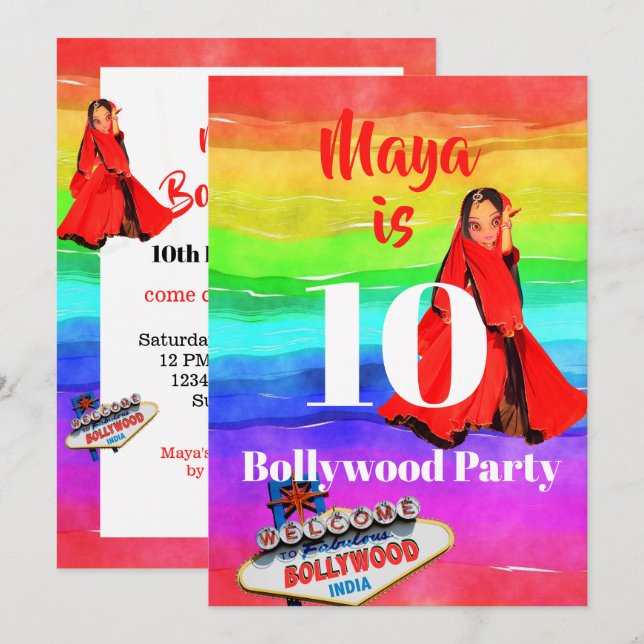 Girls Bollywood Colourful Fun 10th Birthday Invitation (Front/Back)