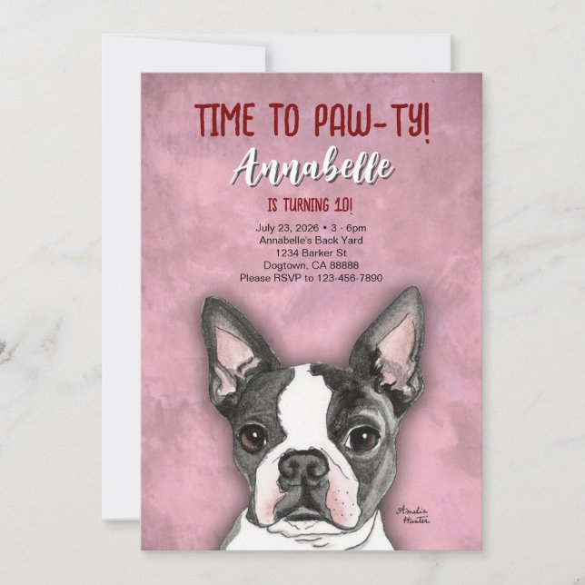 Girls Boston Terrier Birthday Party Invitation  (Front)
