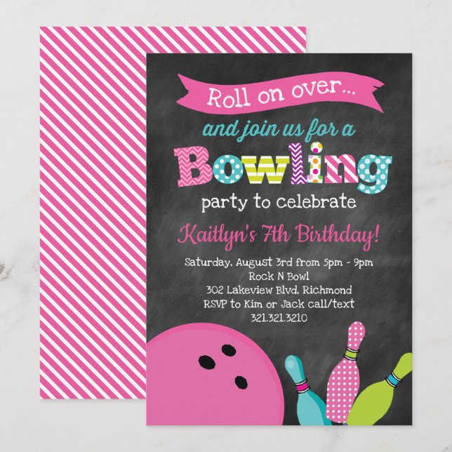 Girl's Bowling Birthday Party - Chalkboard Invitation (Front/Back)