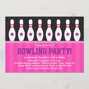 Girls bowling birthday party invitation with pins