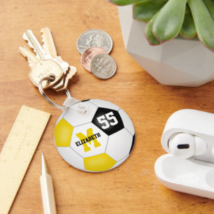 girls boys black gold team colours soccer ball keychain