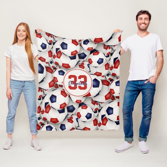 girls boys endless red white blue soccer balls fleece blanket (In Situ)