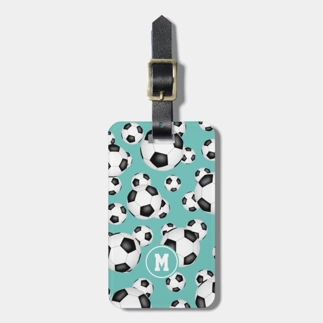girls boys soccer balls pattern monogrammed luggage tag (Front Vertical)