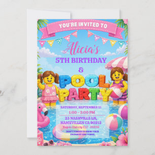 Girls Bricks Colorful Pool Birthday Party Invitati Invitation