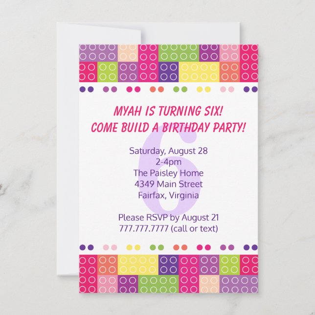 Girl's Building Blocks Birthday Invitations (Front)