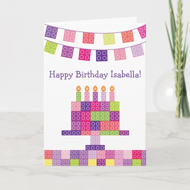 Girl's Building Bricks Blocks Birthday Card (Front)