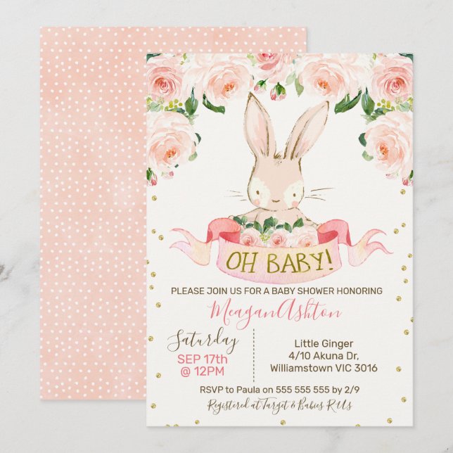 Girls Bunny Rabbit Baby Shower Invitation (Front/Back)