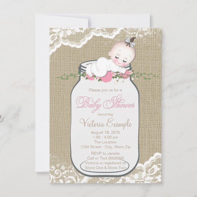 Girls Burlap Mason Jar Baby Shower Invitation (Front)