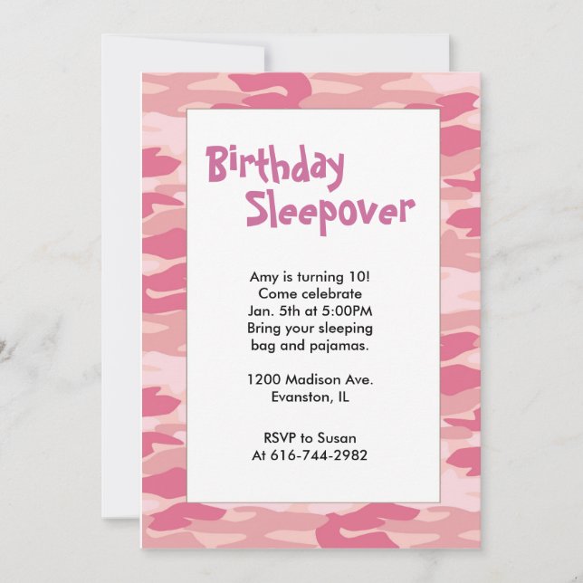 Girls Camo Pink Birthday Sleepover Invitation (Front)