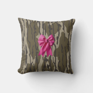 Girls Camo Pink Ribbon Bow Bottom Lands Camo Throw Pillow