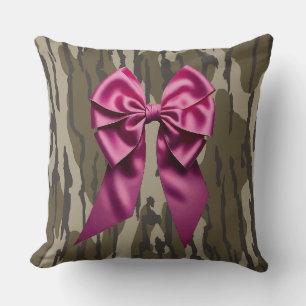 Girls Camo Pink Ribbon Bow Bottomland Camo Throw Pillow