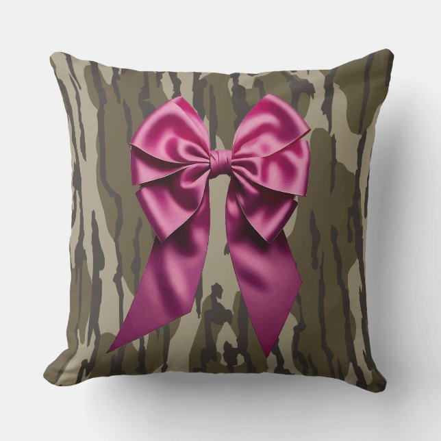 Girls Camo Pink Ribbon Bow Bottomland Camo Throw Pillow (Front)