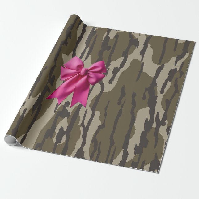 Girls Camo Pink Ribbon Bow Bottomland Camo Wrapping Paper (Unrolled)