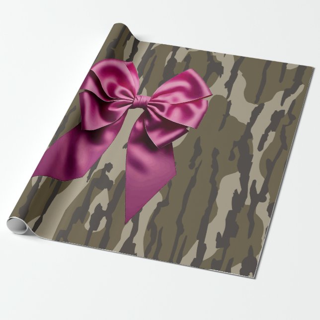 Girls Camo Pink Ribbon Bow Bottomland Camo Wrapping Paper (Unrolled)