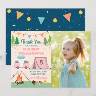 Girls Camping Birthday Camp Party Photo Thank You Card