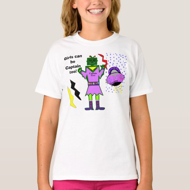 Girls Can Be Captain Too Robot Girl Pink Spaceship T-Shirt (Front)