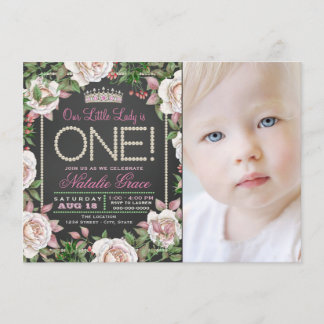 Girls Chalkboard First Birthday Party Invitations