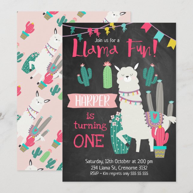 Girls Chalkboard Llama Fun Birthday Invitation (Front/Back)