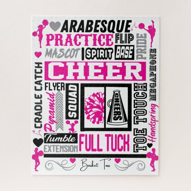 Girls Cheerleading Typography in Black and Pink  Jigsaw Puzzle (Vertical)