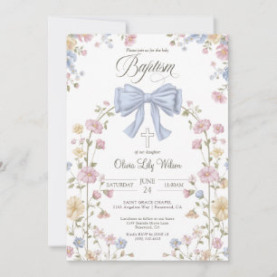 Girl's Christan Baptism Pastel Bow Wildflower Invitation