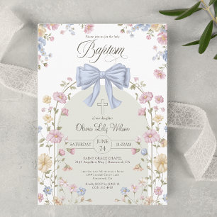 Girl's Christan Baptism Pastel Bow Wildflower Invitation