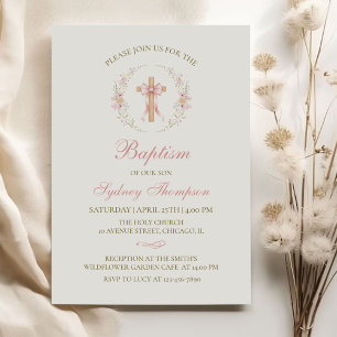 Girl's Christian Baptism Pink Floral Bow Invitation