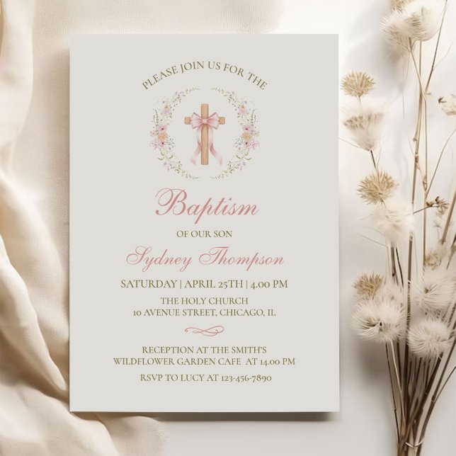 Girl's Christian Baptism Pink Floral Bow Invitation (Creator Uploaded)