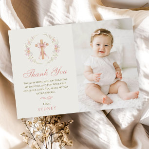 Girl's Christian Baptism Pink Floral Bow Photo Thank You Card