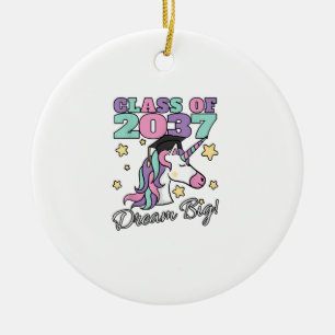 Girls Class of 2037 Magical Unicorn Graduation Cap Ceramic Ornament