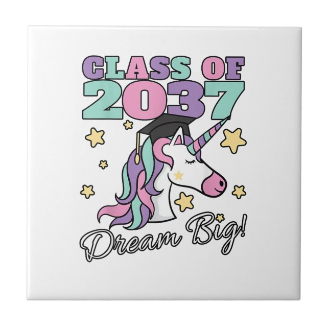 Girls Class of 2037 Magical Unicorn Graduation Cap Tile (Front)