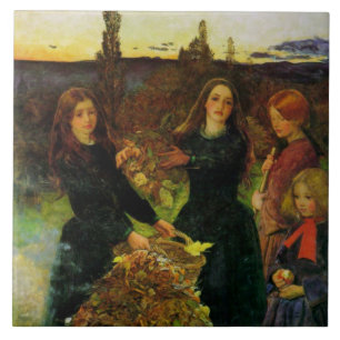 Girls Collecting Autumn Leaves for a Bonfire Tile